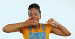 Tired, yawn and exhausted black woman in studio isolated on a white background. Fatigue, insomnia and yawning person or female model, sleepy or bored, low energy or sleepless, stretching or wake up.