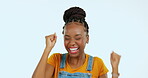 Excited face, dance and black woman celebrate achievement, success goals or prize winning. Portrait, winner or studio person celebration for wow news, dancing energy or victory on pastel background