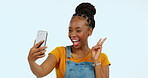 Selfie pose, face and happy black woman, gen z person or model girl with studio smile for photo memory. Happiness, fun social media picture and posing African female isolated on pastel background