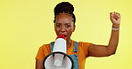 Megaphone announcement, face or black woman protest for democracy vote, justice or human rights rally. Racism speech portrait, microphone noise or serious studio speaker isolated on yellow background