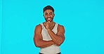 Thinking, face and man in studio for answers, solution or idea, advertising and space on blue background. Portrait, yes and excited personal trainer smile with hand, emoji or eureka gesture isolated