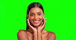 Happy beauty, green screen face and woman with luxury facial cosmetics, natural makeup and skincare glow. Dermatology portrait, self care wellness and female chroma key model on studio background