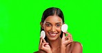 Beauty, skincare and cotton with indian woman in green screen studio for cosmetics, makeup remover and self care. Happy, pads and facial with portrait of female on background for spa, toner and clean