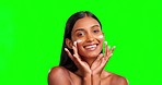 Happy woman, face and cream on green screen, smile and color background in studio. Portrait, beauty lotion and female model laughing in healthy glow, skincare results or facial makeup of uv sunscreen