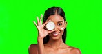 Cream, jar and green screen of happy woman, face and cosmetics on studio background. Portrait, beauty lotion and female model laughing for healthy glow, facial shine and aesthetic skincare product 