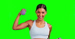 Green screen, face and happy woman with dumbbells for workout, fitness or exercise and flexing for motivation, goals or success. Sports portrait, flex and athlete weights on isolated training mockup