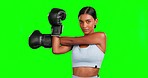 Green screen, face or boxing woman stretching in fitness, exercise or training for competition, challenge or muscle relief. Portrait, boxer or sports athlete in warm up on isolated mockup background
