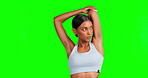 Green screen, face or woman stretching in fitness, exercise or training for muscle relief, ready or health performance. Portrait, serious or sports athlete in warm up on isolated mock up background