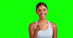 Green screen, face or happy fitness woman with thumbs up in workout vote, training review or exercise emoji. Smile, portrait or sports person thumb for success, winner or good luck on isolated mockup