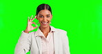 Happy woman, face or ok hands on green screen for success, business management or company vote emoji. Smile, portrait or okay gesture for corporate Indian person on isolated mockup for mission review