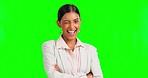 Happy woman, arms crossed or face wink on green screen for management success, company achievement or optimism. Smile, confident or corporate portrait of winking person on isolated business mock up