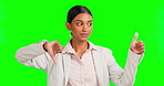 Thumbs up, down and confused businesswoman is unsure of review or vote isolated in a green screen studio background. Uncertain, decision and choice by woman with doubt doing a feedback hand gesture