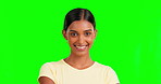 Face, green screen or happy woman on isolated background with natural makeup, cosmetics or beauty facial product. Smile, portrait or Indian model on studio mockup pride, chromakey or mock up backdrop