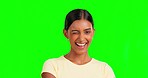 Face, green screen and Indian with smile, wink and cheerful against a studio background. Portrait, female and happy lady with flirty gesture, humor and happiness with joy, confident girl and winking