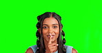 Green screen, face and happy woman with finger on lips, background and privacy secret. Portrait of indian model, silence and shush for quiet, gossip and whisper emoji for confidential mystery drama 
