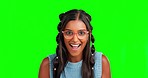 Glasses, face and woman in a studio with green screen for optical awareness, wellness and health. Eye care, optometry and portrait of a Indian female model with spectacles by a chroma key background.