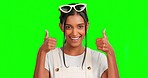 Excited thumbs up, green screen face or woman with yes emoji gesture for congratulation, job well done or agreement. Chroma key portrait, success satisfaction or female celebrate on studio background
