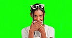 Surprise, woman portrait and green screen in a studio with wow and omg emoji face. Isolated, secret and gossip of a female model feeling happy and silly from thinking and holding mouth closed