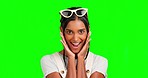 Wow, happy and face of a woman on a green screen isolated on a studio background. Smile, looking and portrait of a comic girl with facial expressions, frame and shock on a backdrop with mockup
