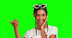 Green screen face, surprise and happy woman point at commercial promotion, advertising space or marketing mockup. Shocked portrait, product placement deal and chroma key female on studio background