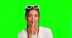 Secret, woman portrait and green screen in a studio with wow and omg emoji face. Isolated, surprise and gossip of a female model feeling happy and silly from thinking and holding mouth closed