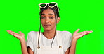 Confused, choice and hands with Indian woman in green screen studio for offer, product placement and decision mockup. Doubt, opinion and idea with female on background for thinking, results and sign