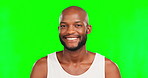 Black man, smile and face on green screen with beauty, happiness and grooming on studio background. Portrait, hygiene and cosmetic care with mockup space, headshot and happy male with dermatology
