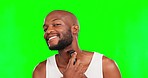 Black man, face hair removal and green screen, shaving and smile in portrait, beauty and grooming. Hygiene, smile and male, shave with disposable razor and cosmetic care, mockup on studio background