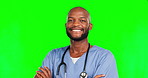 Surgeon confidence, face and happy black man for medical help, healthcare support or cardiology care. Green screen portrait, hospital medicine nurse and male chroma key doctor on studio background