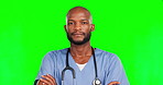 Face, nurse and black man shaking head on green screen background isolated in studio. Healthcare portrait, medical professional and serious person with arms crossed for no, rejection or disagreement.
