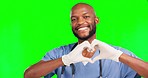 Heart sign, doctor smile and black man with love gesture for healthcare, hospital support or medical help. Green screen emoji symbol, nurse portrait and chroma key surgeon on mockup studio background