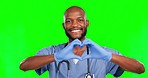 Heart hand, black man face and nurse with green screen in a studio with love and emoji gesture. Healthcare, wellness and consultation worker portrait with a happy smile and loving hands sign