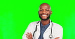 Doctor confidence, face and happy black man for medical help, healthcare support or cardiology care. Green screen portrait, hospital medicine nurse and male chroma key surgeon on studio background
