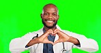 Heart hand, black man face and doctor with green screen in a studio with love and emoji gesture. Healthcare, wellness and consultation worker portrait with a happy smile and loving hands sign