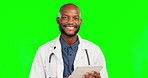 Doctor face, tablet and black man happy for medical research, healthcare innovation or hospital report review. Green screen portrait, medicine study and male chroma key surgeon on studio background