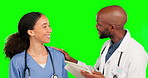Tablet, collaboration doctors and team communication on medical process, healthcare study or development. Green screen teamwork, hospital research talk and happy chroma key nurse on studio background