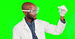 Science black man, medicine analysis and scientist work on healthcare innovation, lab research or cure development. Green screen laboratory, vaccine study and chroma key male on studio background