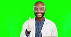 Doctor thumbs up, tablet or happy black man satisfaction for healthy medical results, healthcare success or job well done. Green screen portrait, nurse or male chroma key surgeon on studio background