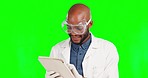 Happy man, chemical analysis tablet or scientist in medicine innovation, lab research or medical development. Green screen face portrait, chroma key beaker liquid or African male on studio background