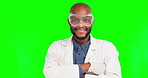 Face, scientist and black man smile with goggles on green screen background isolated in studio for safety. Science portrait, doctor ppe and confident medical professional or person with arms crossed.