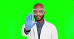 Stop, serious and hand with scientist in green screen studio for  emergency, protest and discrimination. Medical, warning and reject with black man in background for negative, no or healthcare ban