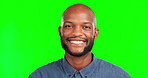 Face, smile and a black man on a green screen background in studio looking carefree or positive. Portrait, wink and happy with a bald male on chromakey mockup feeling cheerful about product placement