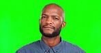 Thinking, confused and face of black man on green screen for worried, puzzled and question expression. Uncertain, worry mockup and portrait of male on chromakey for anxious, doubt and unsure reaction