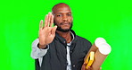 Portrait, stop and hand gesture with a black man construction worker on green screen in studio. Building, safety and architecture with a male engineer giving a warning while holding a blueprint