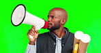 Megaphone, construction and an engineer black man on a green screen background in studio for an announcement. Architect, building and design with a male handyman or contractor using a loudspeaker