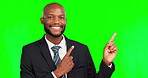 Business, face or happy black man pointing at commercial promotion, advertising copy space or marketing mock up. Green screen portrait, product placement agent or chroma key male on studio background