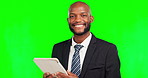 Happy black man, tablet and business on green screen for marketing or communication against studio background. Portrait of African American businessman smile on touchscreen for social media on mockup