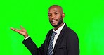 Black man, business and presentation talking on green screen for product placement against studio background. Portrait of African American businessman explaining idea or strategy on chromakey mockup