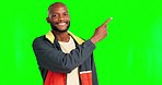 Green screen face, smile and black man pointing at commercial promotion, advertising copy space or list mock up. Marketing portrait, product placement mockup and chroma key male on studio background