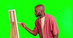 Canvas, black man and creative thinking with green screen and paint brush making art. Painting, isolated and studio background with a male painter with a artist focus from creativity and drawing